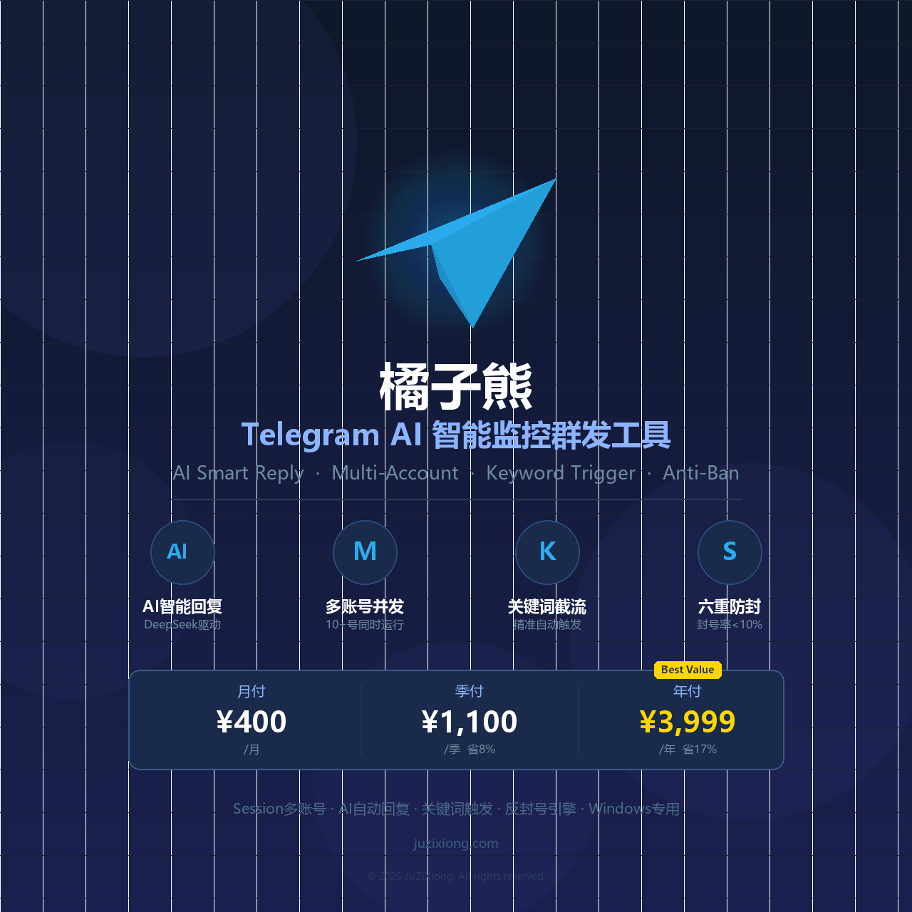 橘子熊 — Telegram AI智能监控群发工具 | Session多账号 · AI自动回复 · 关键词触发 · 反封号引擎