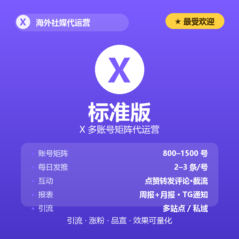 X（推特）多账号矩阵代运营 · 标准版（最受欢迎）